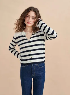 La Ligne Striped Featherweight Cardigan Cream/Navy Discount