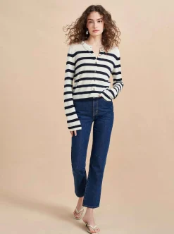 La Ligne Striped Featherweight Cardigan Cream/Navy Discount