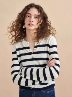 La Ligne Striped Featherweight Cardigan Cream/Navy Discount